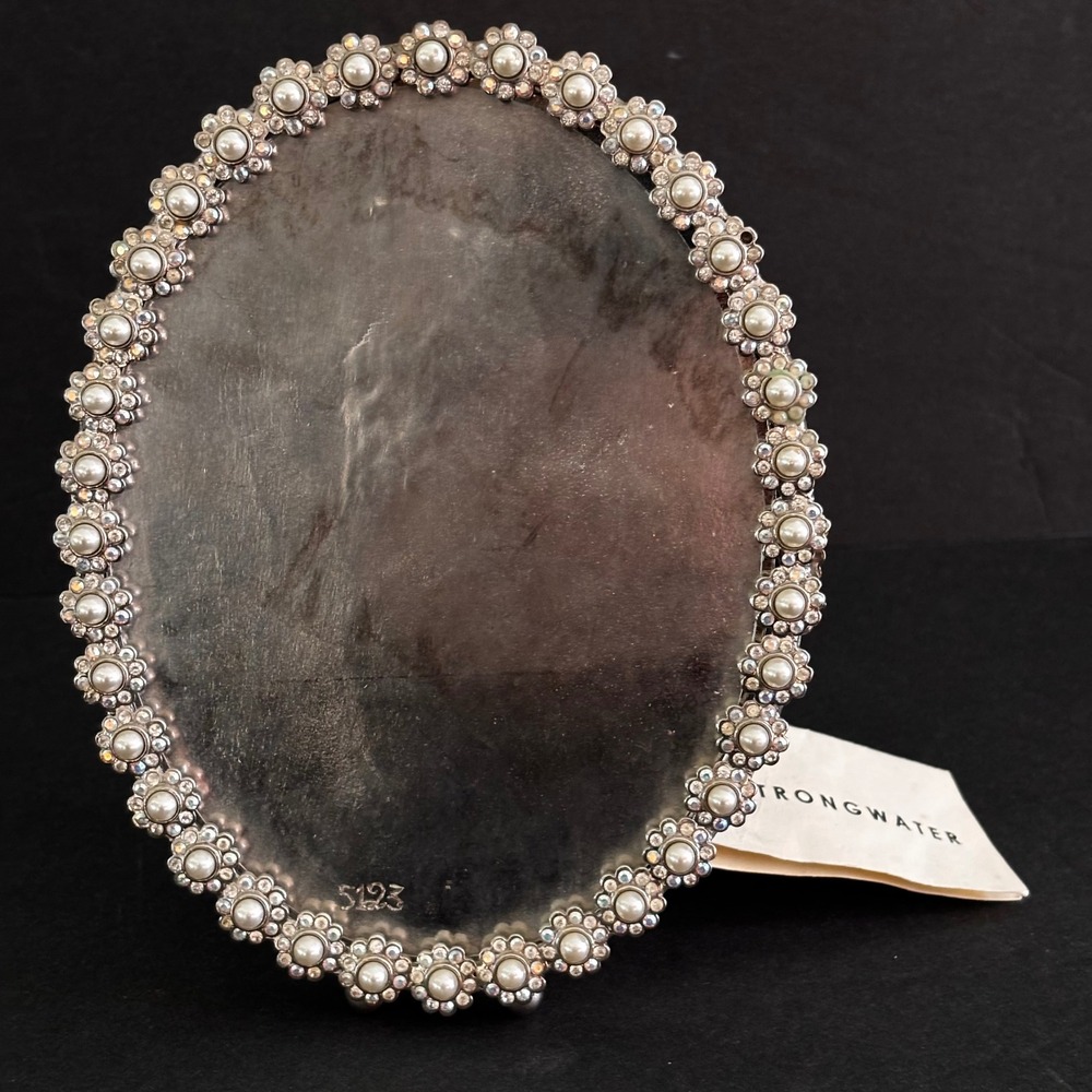 Jay Strongwater Small Oval Picture Frame Silver Tone Crystals Faux Pearls Tag
